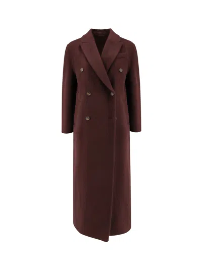 Brunello Cucinelli Bordeaux Double-breasted Coat With Peak Revers In Brown