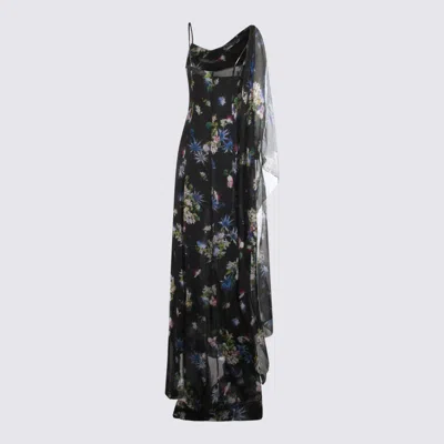 Blumarine Floral Asymmetric Sheer Spaghetti Strap Dress In Black