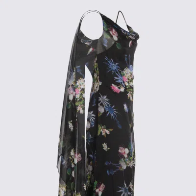 Blumarine Floral Asymmetric Sheer Spaghetti Strap Dress In Black