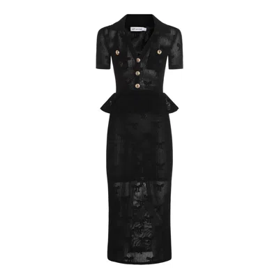 Self-portrait Midi Crochet Dress With Peplum Waist In Black