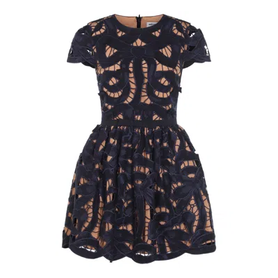 Self-portrait Blue Cotton Poplin Mini Dress With Bow Motif In Multi