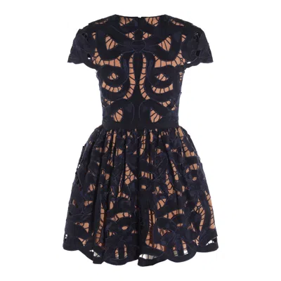 Self-portrait Blue Cotton Poplin Mini Dress With Bow Motif In Multi