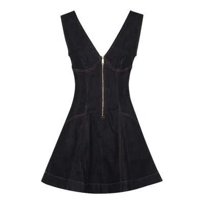 Self-portrait Dark Denim Mini Dress With Deep V-neckline In Black