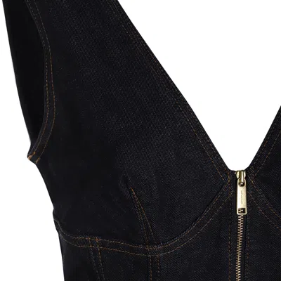 Self-portrait Dark Denim Mini Dress With Deep V-neckline In Black