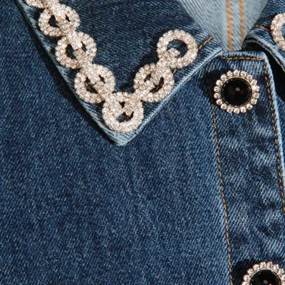Self-portrait Denim Crystal Trim Collared Mini Dress In Blue