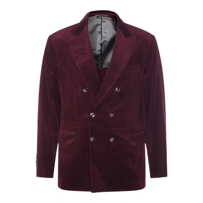 Brunello Cucinelli Velvet Double-breasted Suit Button Detailing In Red