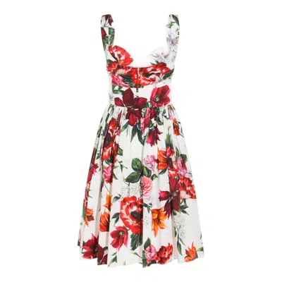 Dolce & Gabbana White Anemoni Print Cotton Midi Dress In Multi