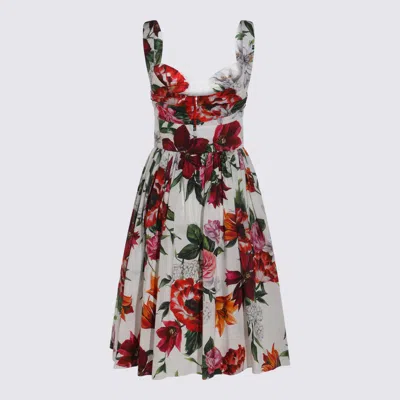Dolce & Gabbana White Anemoni Print Cotton Midi Dress In Multi