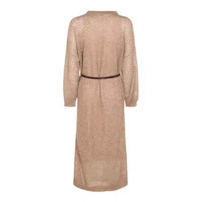 Brunello Cucinelli Hazelnut Color Midi Dress With Waist Belt In Multi