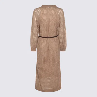 Brunello Cucinelli Hazelnut Color Midi Dress With Waist Belt In Multi