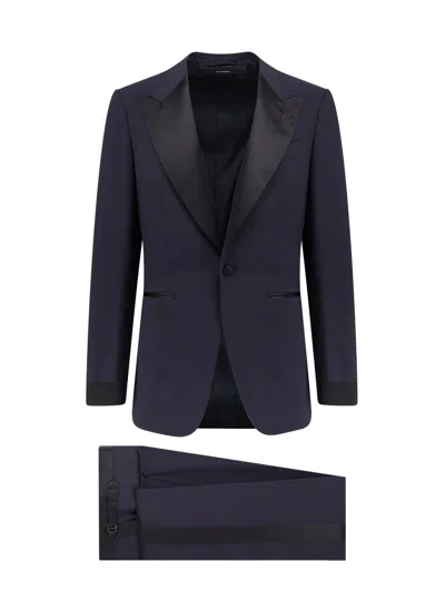 Tom Ford Wool Tuxedo With Contrasting Profiles In Blue