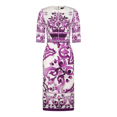 Dolce & Gabbana Maiolica Print Charmeuse Midi Dress In Purple