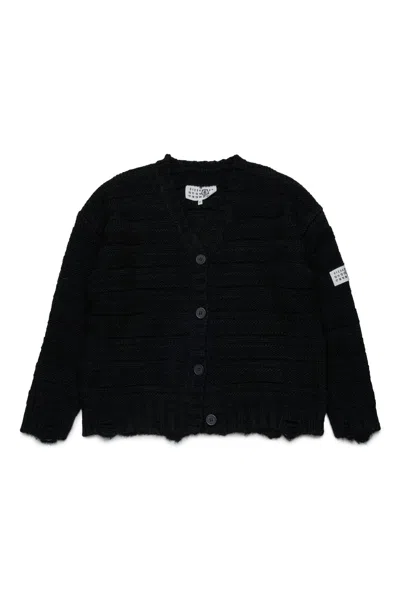 Mm6 Maison Margiela Ribbed Wool-blend Cardigan With Breaks In Black