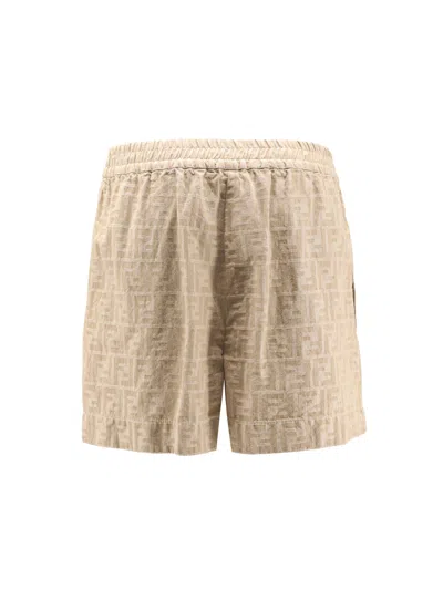 Fendi Women Beige Shorts With Elastic Waist And Wide Leg In Chambray Ff Woman In White