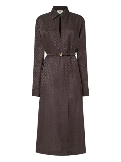 Fendi Silk Chess Ff Long Sleeve Midi Dress Dresses Brown
