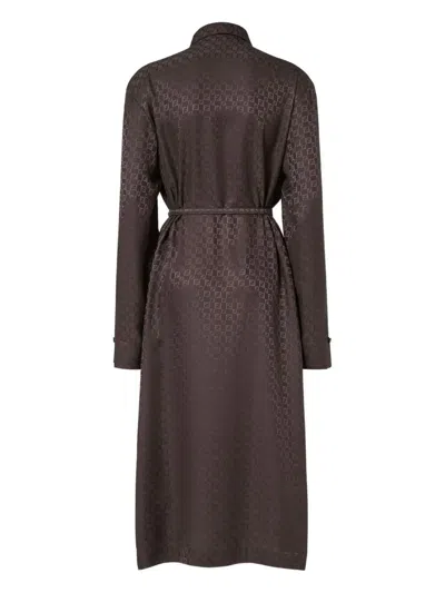 Fendi Silk Chess Ff Long Sleeve Midi Dress Dresses Brown