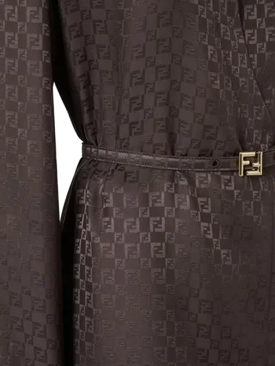 Fendi Silk Chess Ff Long Sleeve Midi Dress Dresses Brown