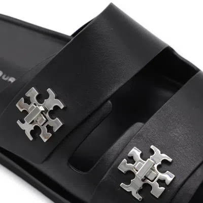 Tory Burch T Lock Slide Sandals With Logo Embellishment In Black