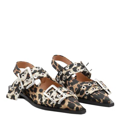 Ganni Leopard Satin Feminine Buckle Ballerinas