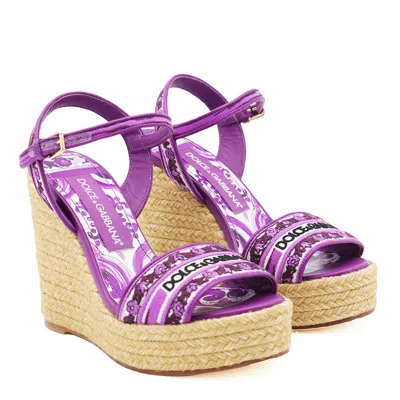 Dolce & Gabbana Dolce&gabbana Women Embroidery Maiolica  Pattern Wedged Sandals In Purple
