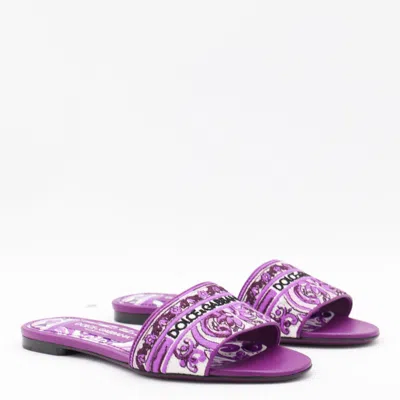 Dolce & Gabbana Violet Sandals With Logo Embroidery On The Front And All-over Majolica Motif In Purple