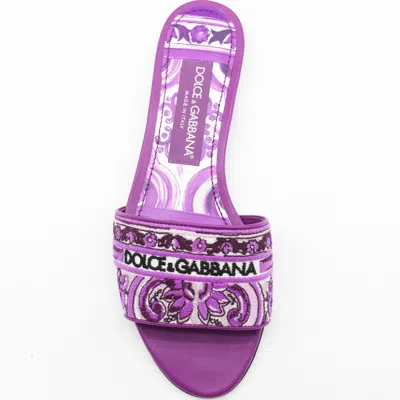 Dolce & Gabbana Violet Sandals With Logo Embroidery On The Front And All-over Majolica Motif In Purple