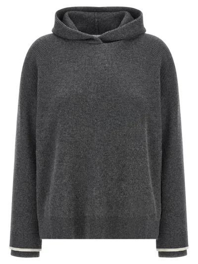 Brunello Cucinelli Ribbed Texture Hooded Sweater With Long Sleeves In Gray