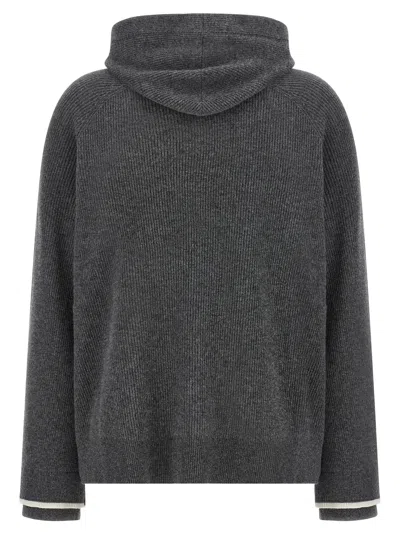 Brunello Cucinelli Ribbed Texture Hooded Sweater With Long Sleeves In Gray