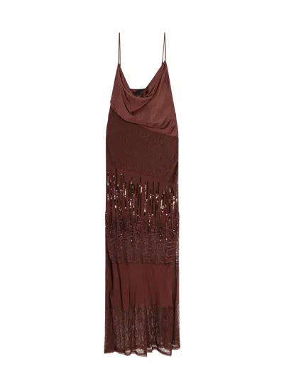 Pinko Satin And Lace Long Dress With Sequin Embellishments In Brown