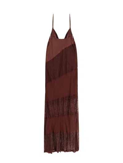 Pinko Satin And Lace Long Dress With Sequin Embellishments In Brown