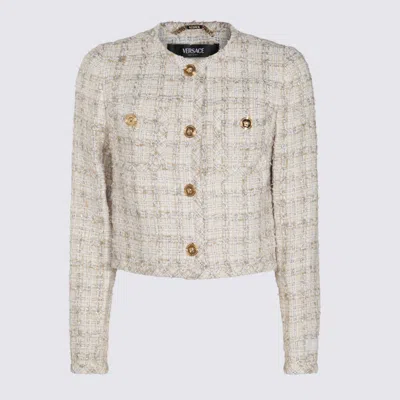 Versace Long Sleeves Tweed Blazer With Front Pockets In Neutrals