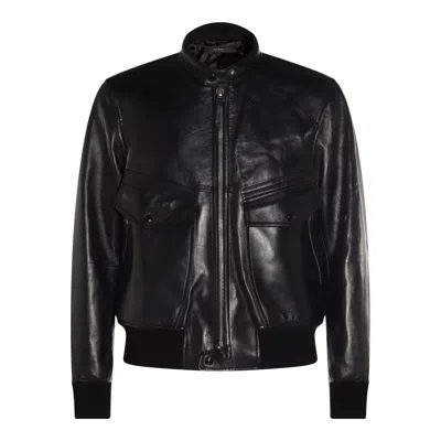 Tom Ford Leather Jacket With Front Pockets And High Collar In Black