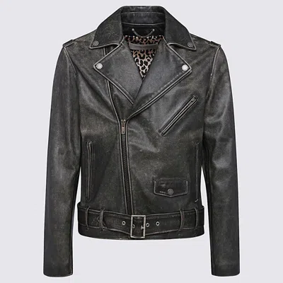 Golden Goose Black Biker Jacket With Notched Revers And Leopard Lining