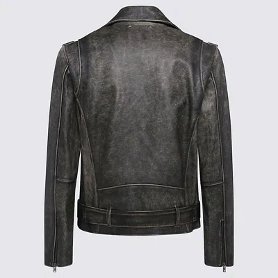 Golden Goose Black Biker Jacket With Notched Revers And Leopard Lining