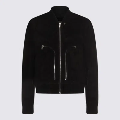 Rick Owens Leather Jacket With High Collar And Ribbed Accents In Black