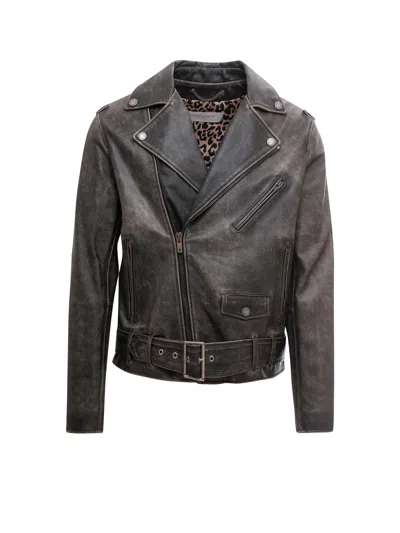 Golden Goose Black Biker Jacket With Notched Revers And Leopard Lining In Black