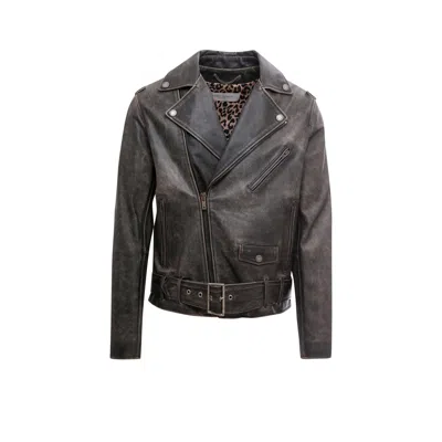 Golden Goose Black Biker Jacket With Notched Revers And Leopard Lining In Black