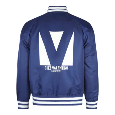 Valentino Blue Bomber Jacket In Printed Polyamide With Zip And High Collar In Blue