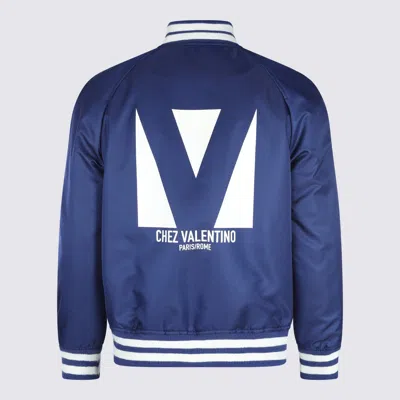Valentino Blue Bomber Jacket In Printed Polyamide With Zip And High Collar In Blue