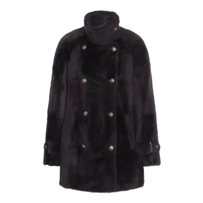 Brunello Cucinelli Leather Double-breasted Jacket High Collar In Multi