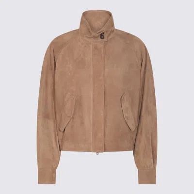 Brunello Cucinelli Leather Jacket With Button Detail And Front Pockets In Brown