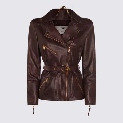 Elisabetta Franchi Fitted Leather Jacket With Belted Waist And Gold Hardware In Brown