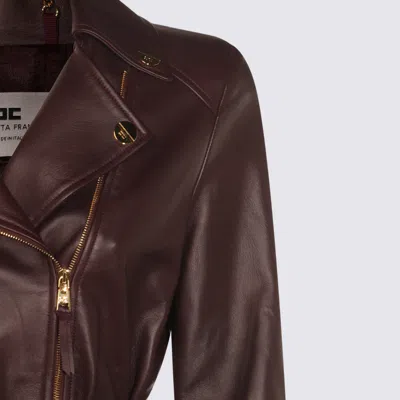 Elisabetta Franchi Fitted Leather Jacket With Belted Waist And Gold Hardware In Brown