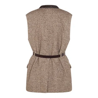 Brunello Cucinelli Waist Belted Lapel Sleeveless Textured Jacket In Brown