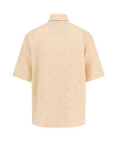 Fendi Men Jacquard Linen And Cotton Shirt With All-over Ff Embroidery In Neutral