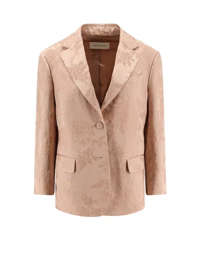 Dries Van Noten Jacquard Linen Blend Blazer With Floral Motif In Neutral