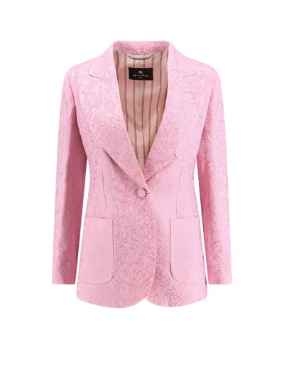 Etro Jacquard Silk Blend Blazer With Embroidery In Pink