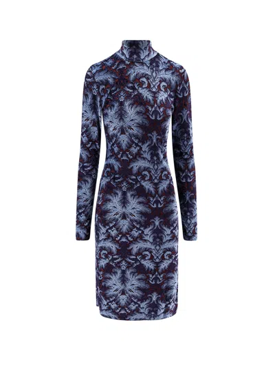 Etro All-over Pattern High-neck Midi Dress In Blue