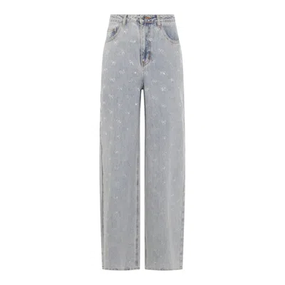 Self-portrait Light Blue Wide-leg Jeans With Crystal Embellishment And Classic Five-pocket Design In Gray