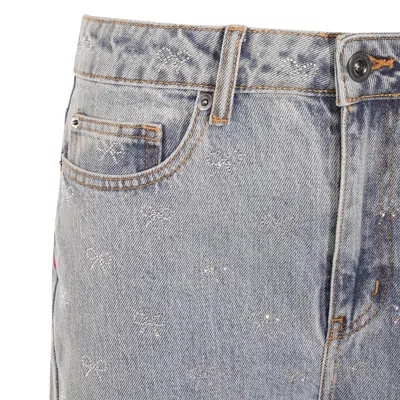 Self-portrait Light Blue Wide-leg Jeans With Crystal Embellishment And Classic Five-pocket Design In Gray
